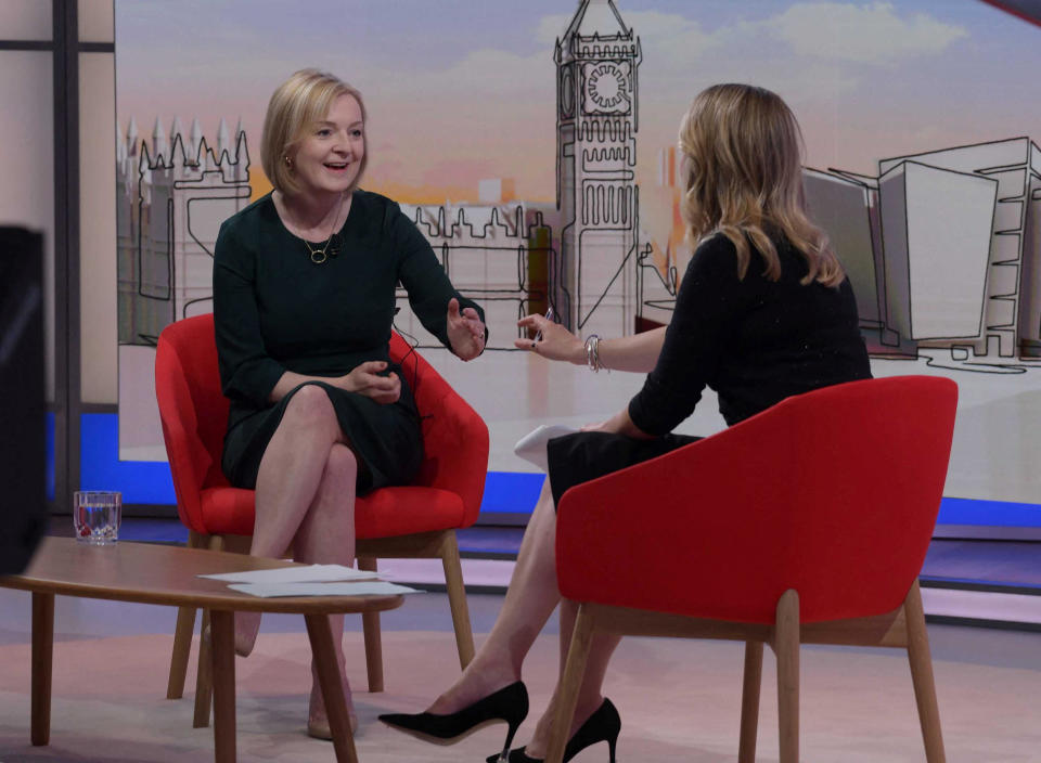 Conservative leadership candidate Liz Truss appears on BBC's Sunday with Laura Kuenssberg show presented by Laura Kuenssberg in London, Britain, September 4, 2022.  / Credit: Jeff Overs/BBC/Handout via REUTERS
