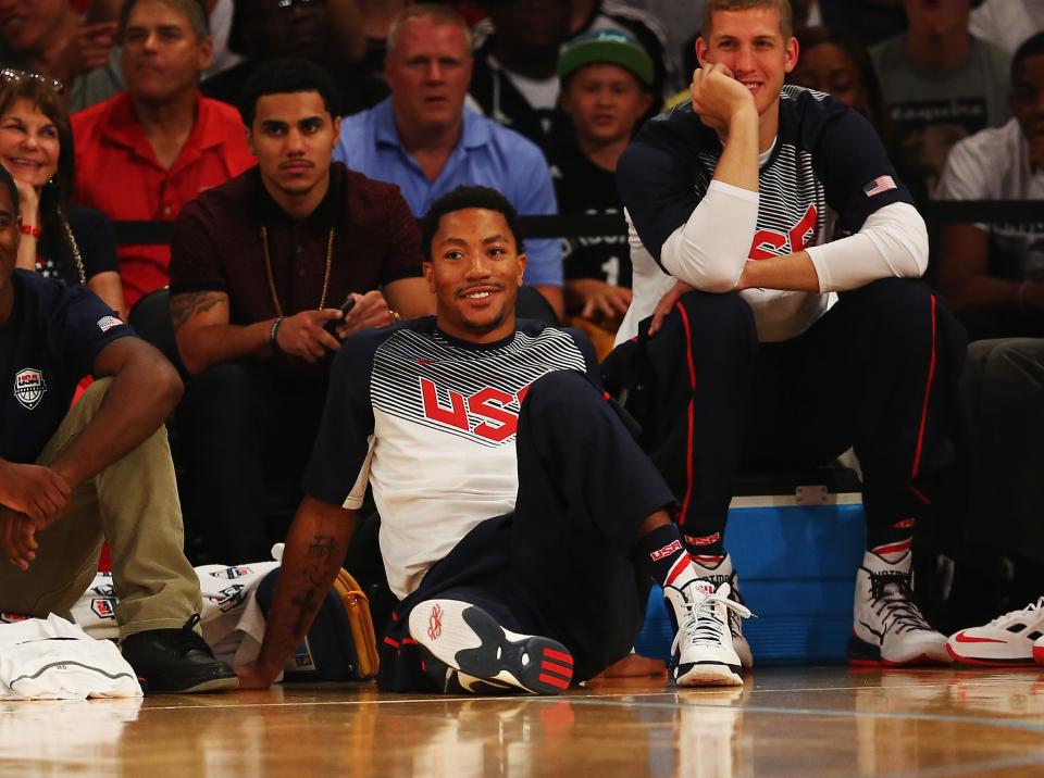 NEW YORK, NY - AUGUST 20: Derrick Rose of the USA looks on against the Dominican Republic during their game at Madison Square Garden on August 20, 2014 in New York City. (Photo by Al Bello/Getty Images)