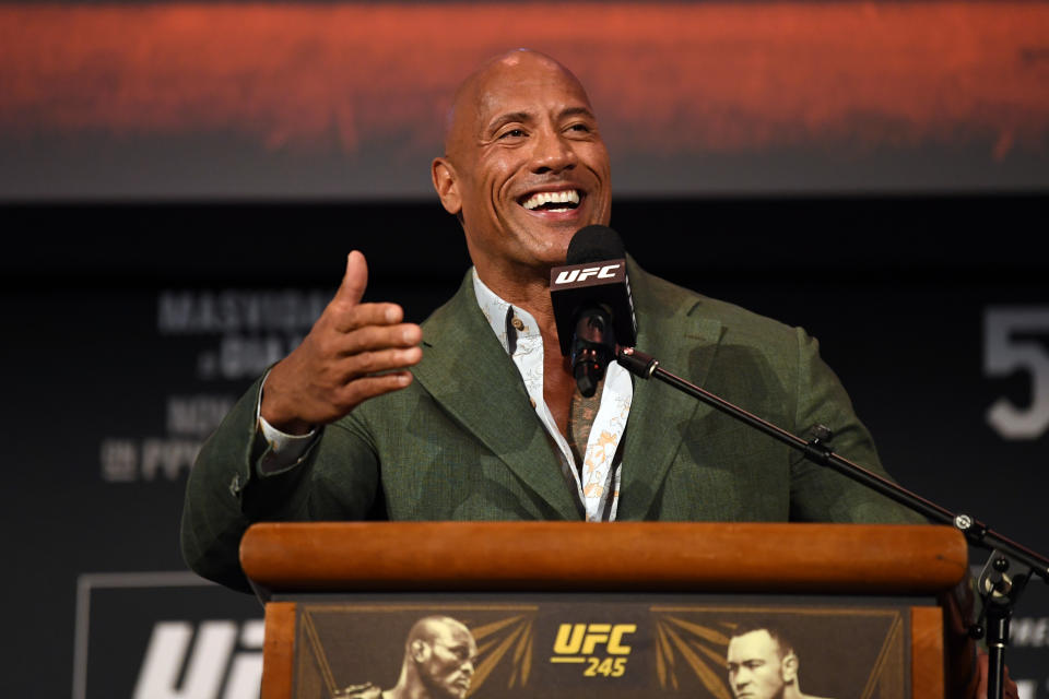 Dwayne 'The Rock' Johnson speaks on stage during the UFC 244 weigh-ins on November 1, 2019. (Photo by Josh Hedges/Zuffa LLC via Getty Images)