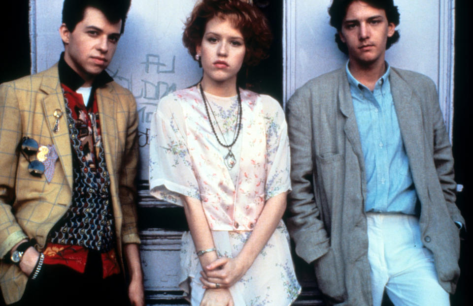 Jon Cryer, Molly Ringwald and Andrew McCarthy on set of the film 'Pretty In Pink', 1986. (Photo by Paramount/Getty Images)