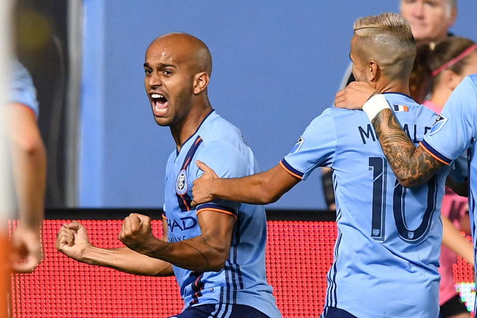 Aug 24, 2019; New York, NY, USA; New York City FC forward Heber (9) celebrates after scoring a goal against the New York Red Bulls during the second half at Yankee Stadium. Mandatory Credit: Dennis Schneidler-USA TODAY Sports