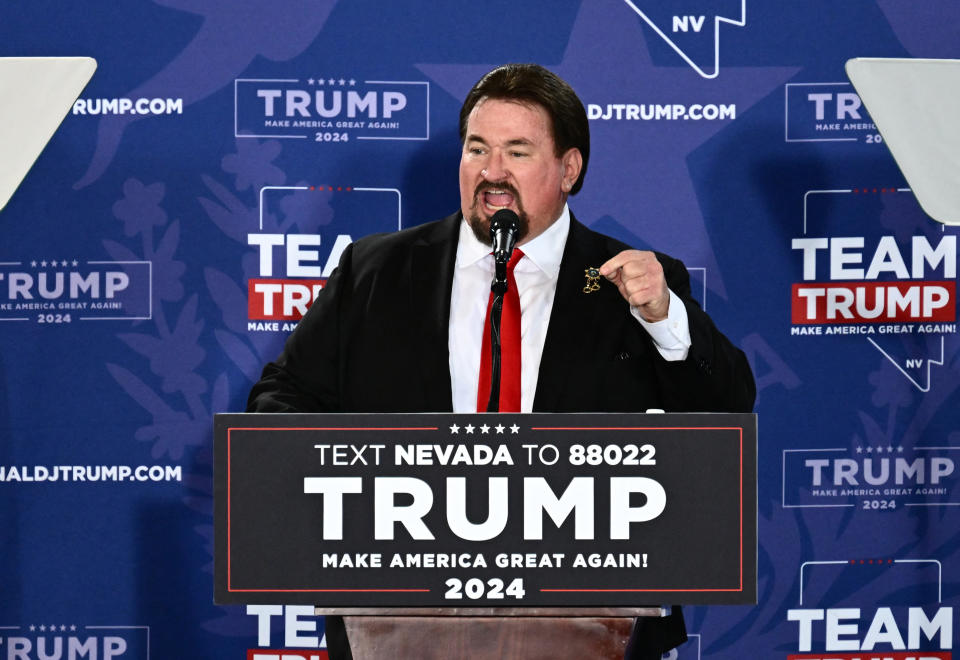 Nevada Republican party chairman Michael J. McDonald speaks at a Commit to Caucus Rally with Former US President and 2024 presidential hopeful Donald Trump, in Las Vegas, Nevada, on January 27, 2024. (Photo by Patrick T. Fallon / AFP) (Photo by PATRICK T. FALLON/AFP via Getty Images)