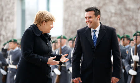 Chancellor Angela Merkel receives Macedonian Premier Zoran Zaev for talks in the Chancellery in Berlin, Germany, February 21, 2018. REUTERS/Axel Schmidt