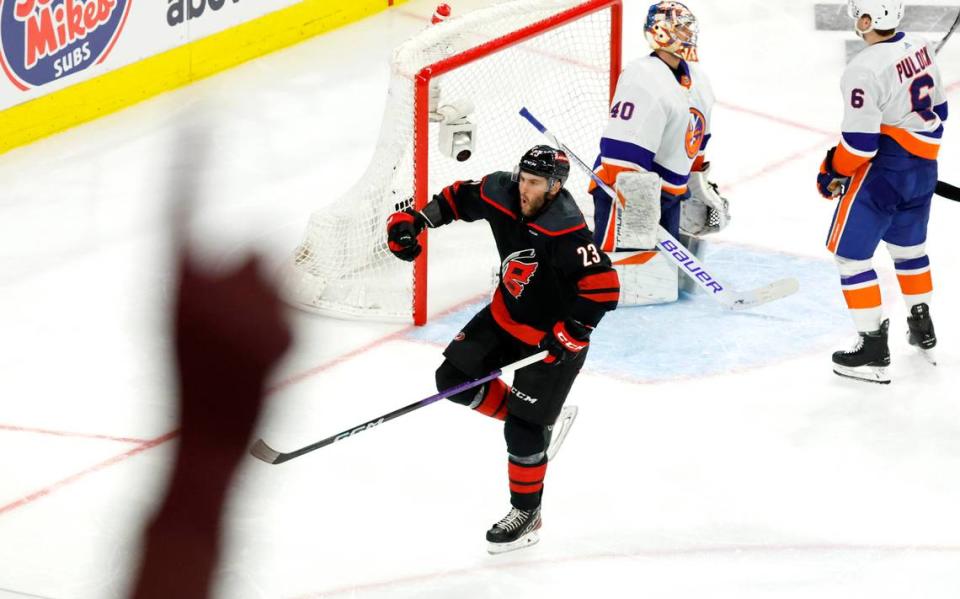 Carolina right wing Stefan Noesen (23) celebrates after scoring in the third period of the Hurricanes 3-1 victory over the Islanders in the first round of the Stanley Cup playoffs at PNC Arena in Raleigh, N.C., Saturday, April 20, 2024.