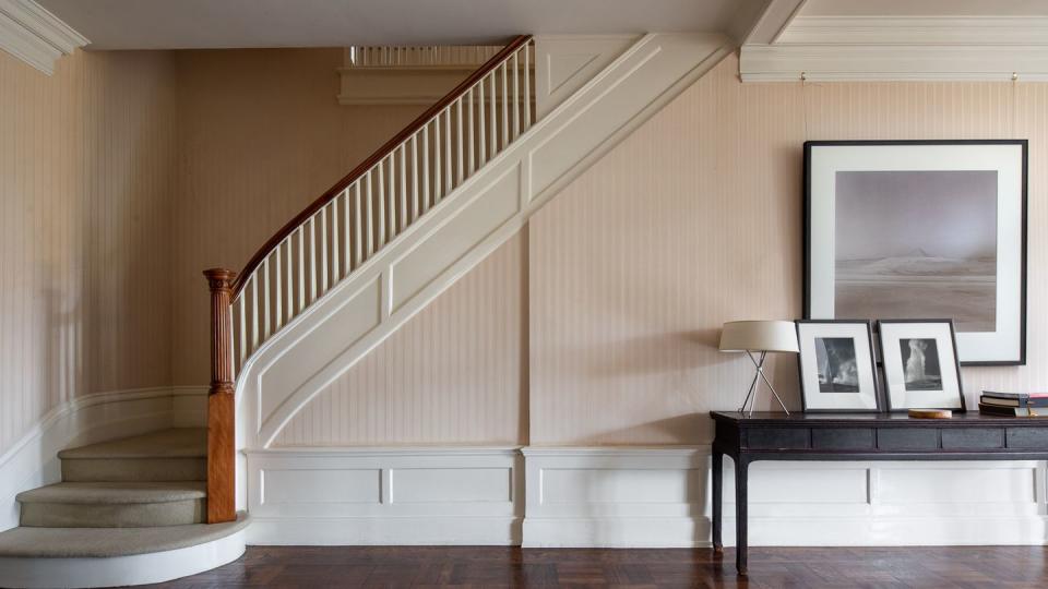 a living room with a bookcase