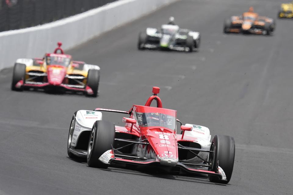 Marcus Ericsson, of Sweden, drives into the first turn during the Indianapolis 500 auto race at Indianapolis Motor Speedway, Sunday, May 28, 2023, in Indianapolis. (AP Photo/Darron Cummings)