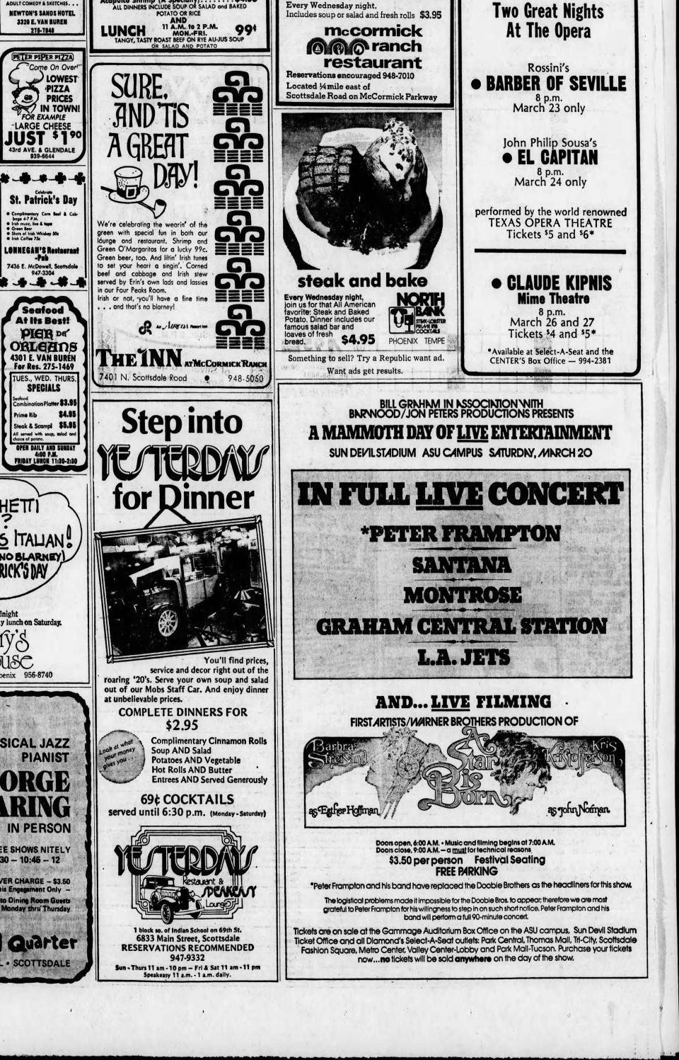 A 1976 ad in the Republic for the Sun Devil Stadium concert arranged as a backdrop for the movie "A Star Is Born."