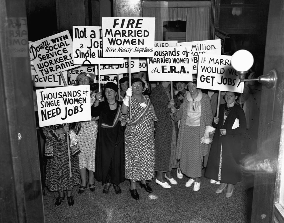 Unemployed, single women protesting the job placement of married women before themselves at the Emergency Relief Administration headquarters in Boston, Massachusetts June 24, 1935.