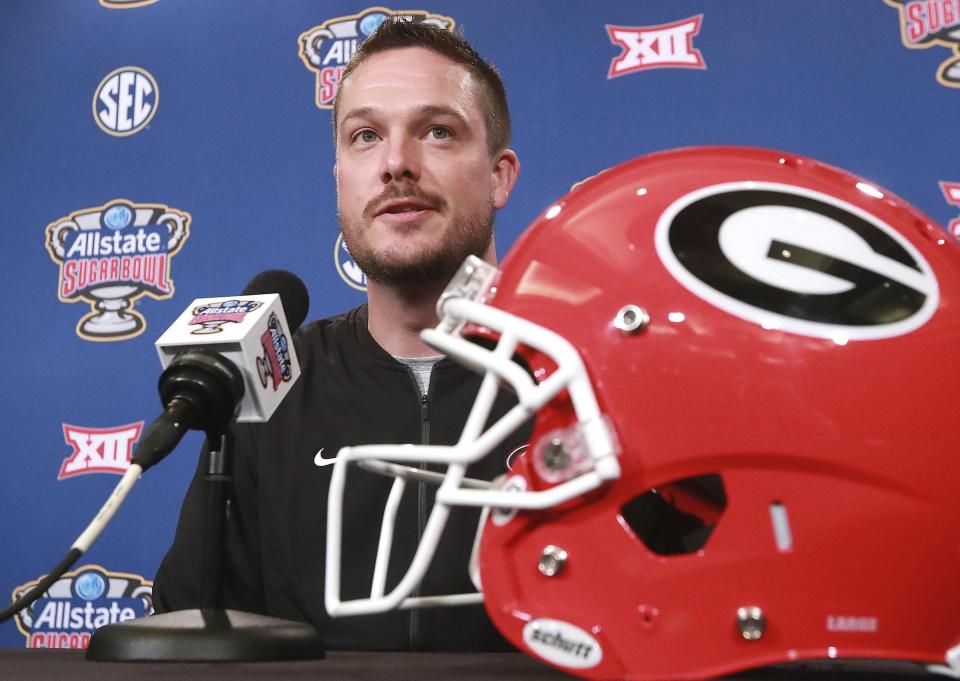 Dec 29, 2018 New Orleans: Dan Lanning, assistant coach outside linebackers, takes questions during the Georgia defense press conference for the Sugar Bowl against Texas on Saturday, Dec 29, 2018, in New Orleans.    Curtis Compton/ccompton@ajc.com