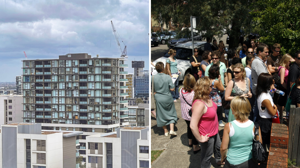 A composite image of the suburb of Green Square and a crowd of people.