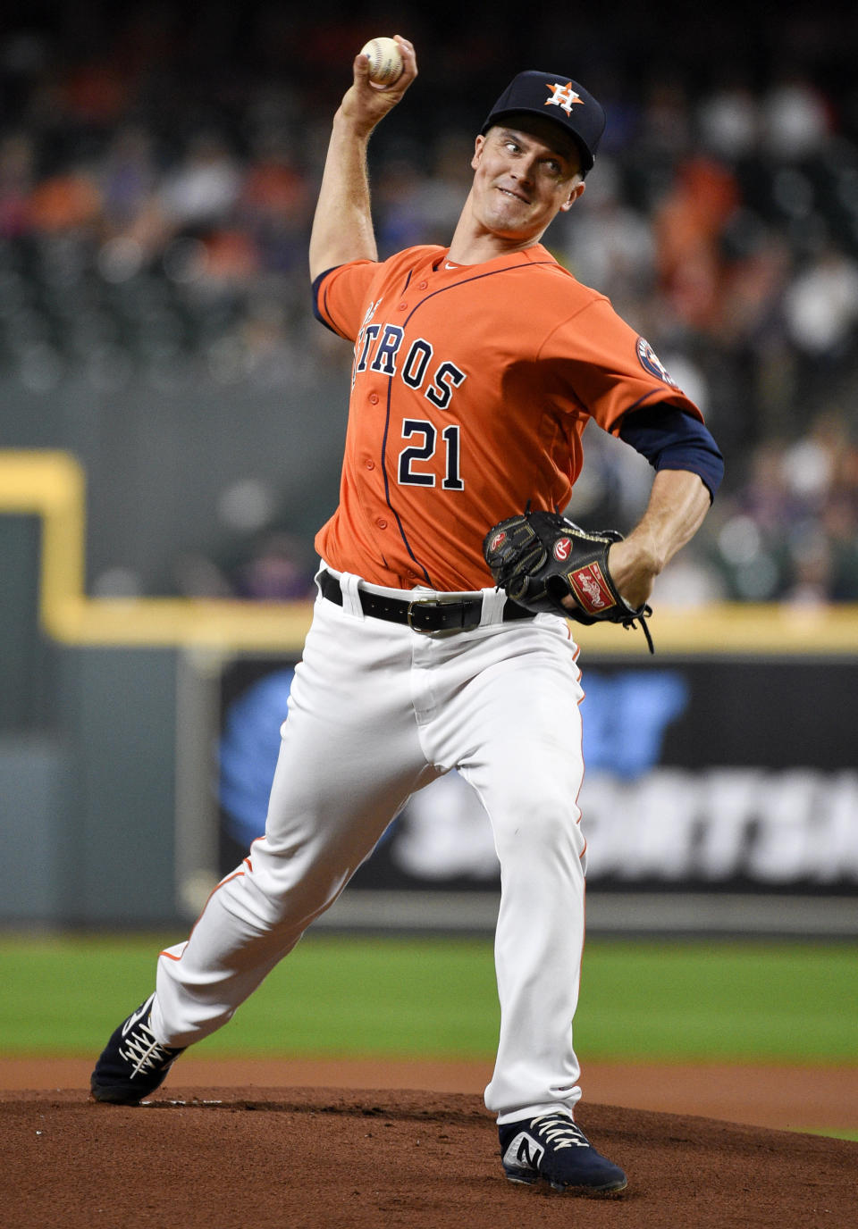 Houston Astros starting pitcher Zack Greinke delivers during the first inning of a baseball game against the Los Angeles Angels, Friday, Sept. 20, 2019, in Houston. (AP Photo/Eric Christian Smith)