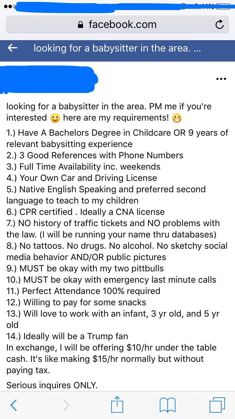 A Reddit ad demanding a babysitter who supports President Trump and is willing to pay for snacks for her children is being mocked. (Photo: Reddit/u/protoss12345)