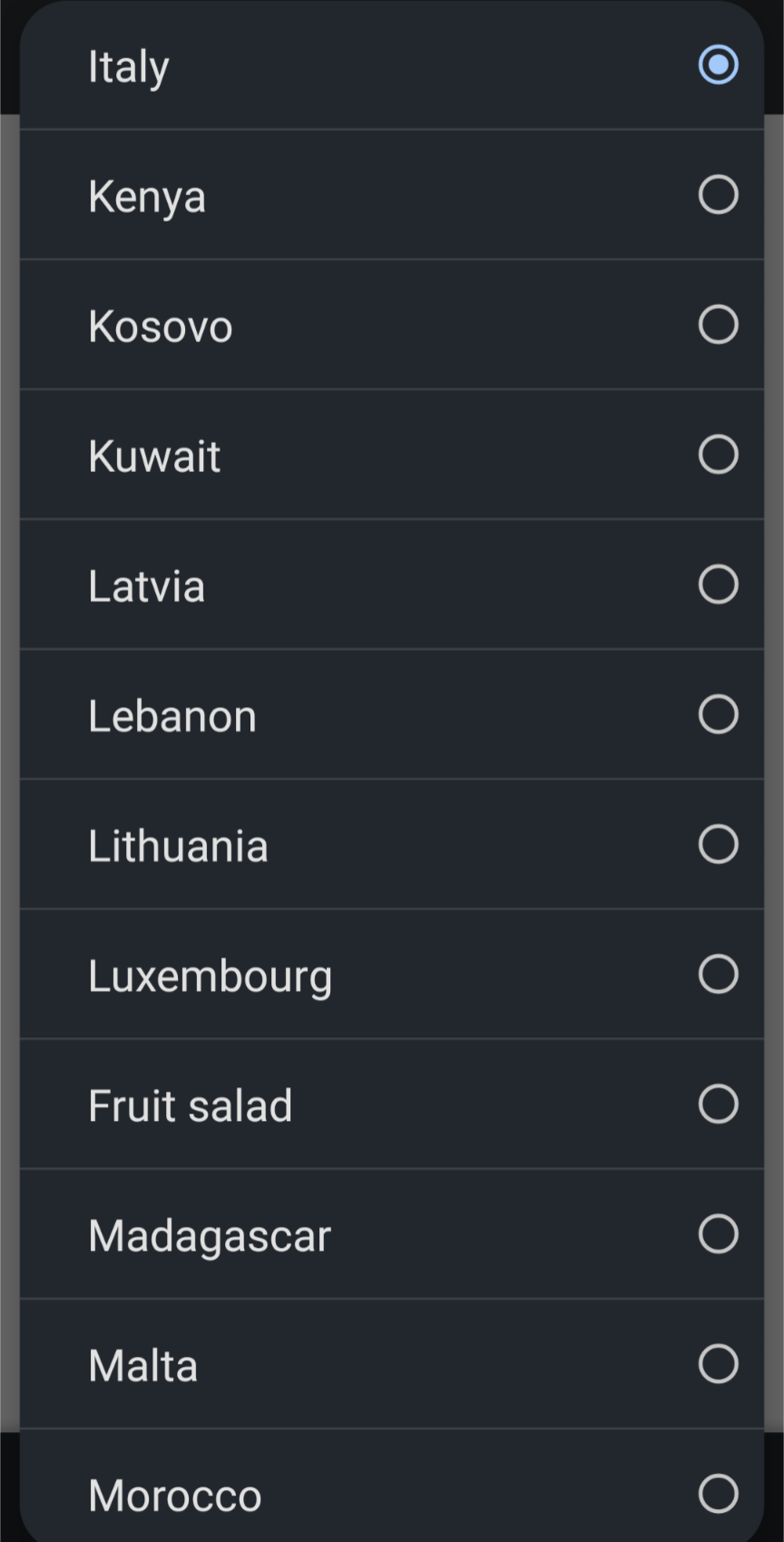 Online form asking a user to select their country, and one of the options is "fruit salad"