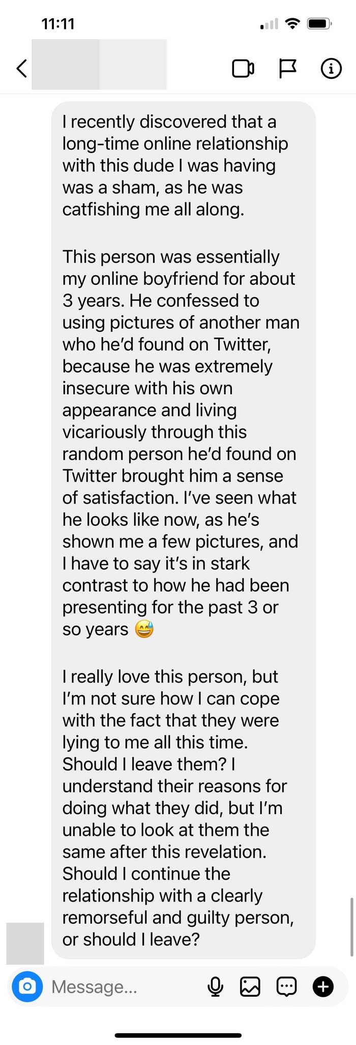 Screen shot of DM to Stephen LaConte reading, "Should I continue the relationship with a clearly remorseful and guilty person, or should I leave?"