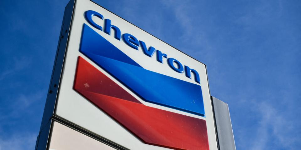 The Chevron logo is displayed at a Chevron gas station.