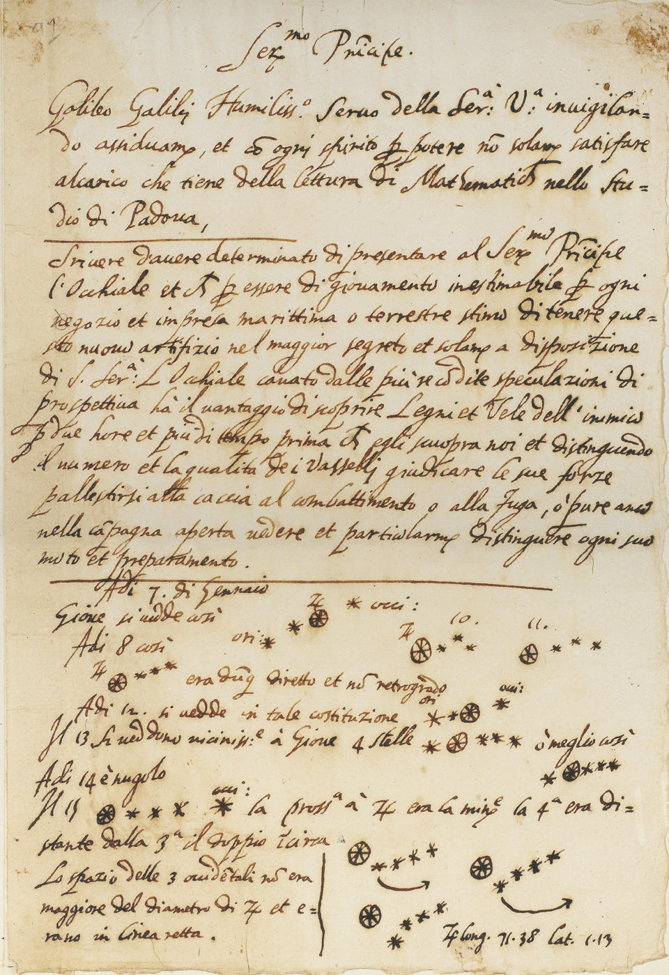 El manuscrito mostraba el borrador de una carta en la parte superior, y bocetos que trazaban las posiciones de las lunas que Galileo descubrió alrededor de Júpiter, que la universidad había creído que eran "los primeros datos de observación que mostraban objetos orbitando alrededor de un cuerpo distinto de la Tierra". (Vía Biblioteca de la Universidad de Michigan)