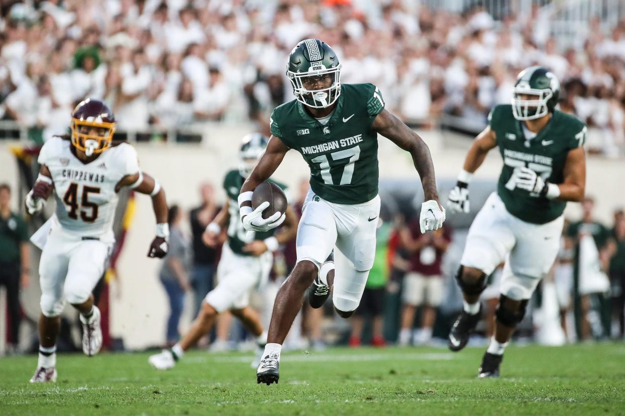 Michigan State wide receiver Tre Mosley (17) runs against Central Michigan during the first half at Spartan Stadium in East Lansing on Friday, Sept. 1, 2023.