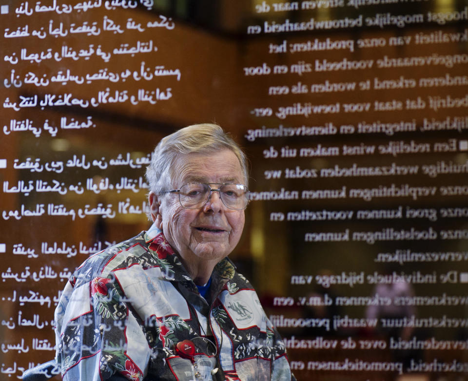 In this Dec. 13, 2010 photo, Earl Bakken, an electronics repairman who started one of the world's largest medical device companies in 1949, poses at the Medtronic World Headquarters in Fridley, Minn. Medtronic said in a statement that co-founder Bakken died Sunday, Oct. 21, 2018, at his home in Hawaii. (David Brewster/Star Tribune via AP)