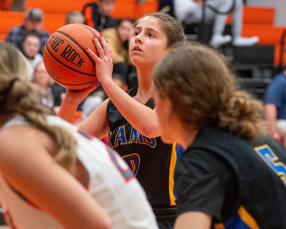 Kennard-Dale’s Hannah Carl prepares to shoot a free throw against Hanover in the first round of the Hanover Hawkettes Holiday Classic on Tuesday, Dec. 27, 2022. The Rams won 32-30.
