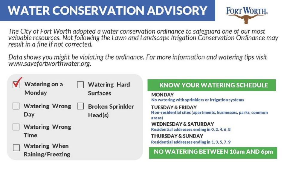 An example of the informational cards the Fort Worth water department is sending out to customers who use more than 300 gallons per hour on Mondays.