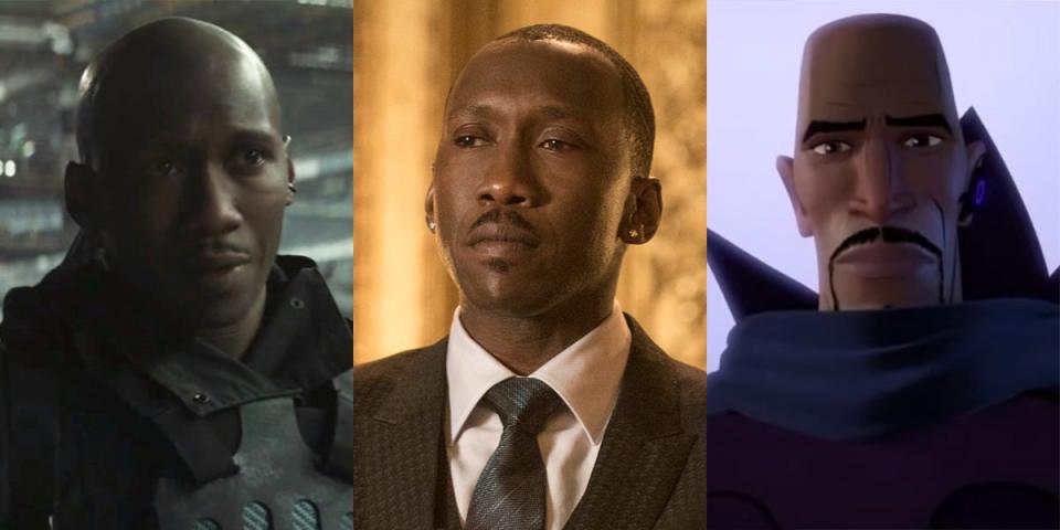 From left: Mahershala Ali as Boggs in "The Hunger Games: Mockingjay — Part 1," Ali as Cornell "Cottonmouth" Stokes on "Luke Cage," and the animated character Aaron Davis in "Spider-Man: Into the Spider-Verse."