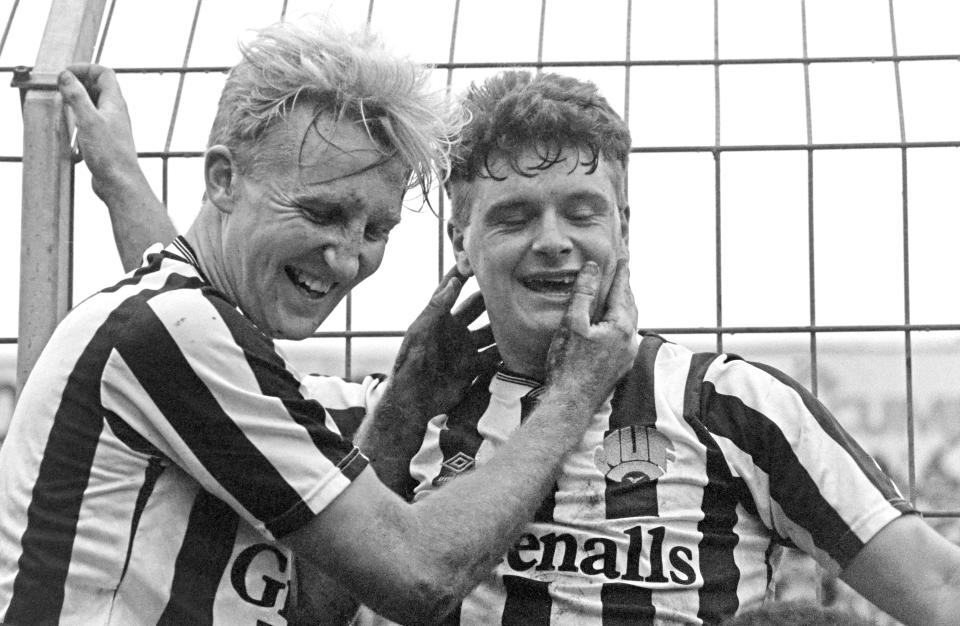 In his heyday: Goalscorer Gascoigne (r) is congratulated by John Cornwell after scoring against Chelsea in a First Division match in 1988 in Newcastle upon Tyne (Hulton Archive)