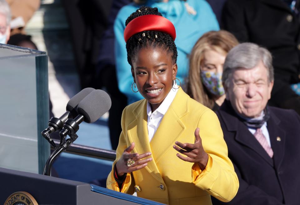 Youth Poet Laureate Amanda Gorman speaks during the inauguration of U.S. President Joe Biden on the West Front of the U.S. Capitol on January 20, 2021 in Washington, DC.