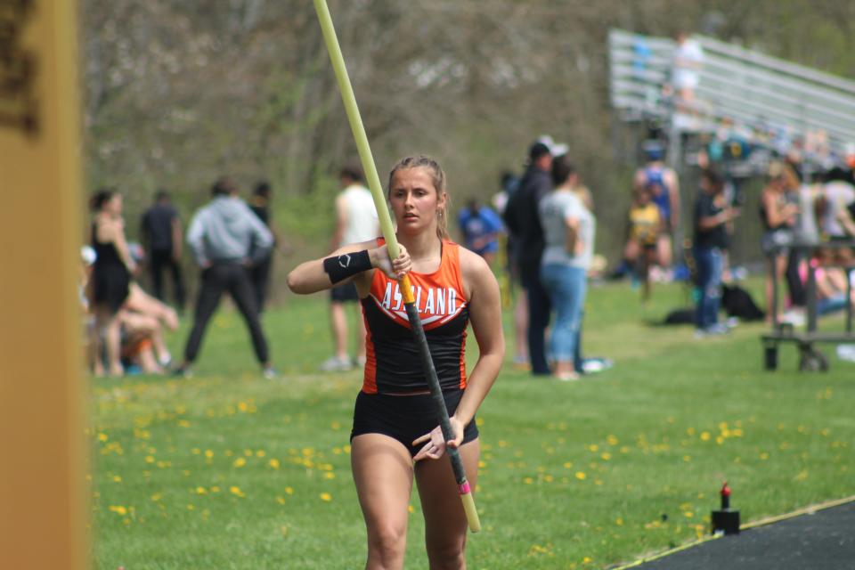 Ashland's Dana Frazier in the pole vault at the 2023 Mehock Relays.