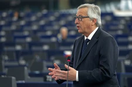 European Commission President Jean-Claude Juncker addresses the European Parliament during a debate on the latest tragedies in the Mediterranean and E.U. migration and asylum policies in Strasbourg, France, April 29, 2015. REUTERS/Vincent Kessler