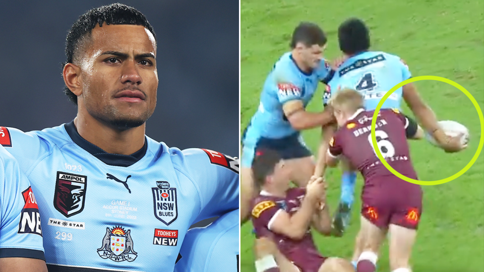 Stephen Crichton (pictured left) during the national anthem and (pictured right) Crichton offloading the ball during State of Origin.