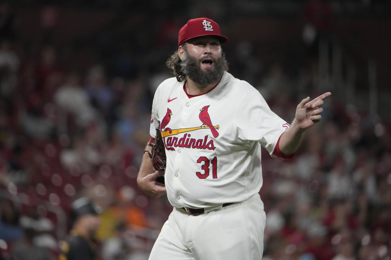 St. Louis Cardinals starting pitcher Lance Lynn celebrates after getting Pittsburgh Pirates' Rowdy Tellez to fly out ending the top of the sixth inning of a baseball game Tuesday, Sept. 17, 2024, in St. Louis. (AP Photo/Jeff Roberson)