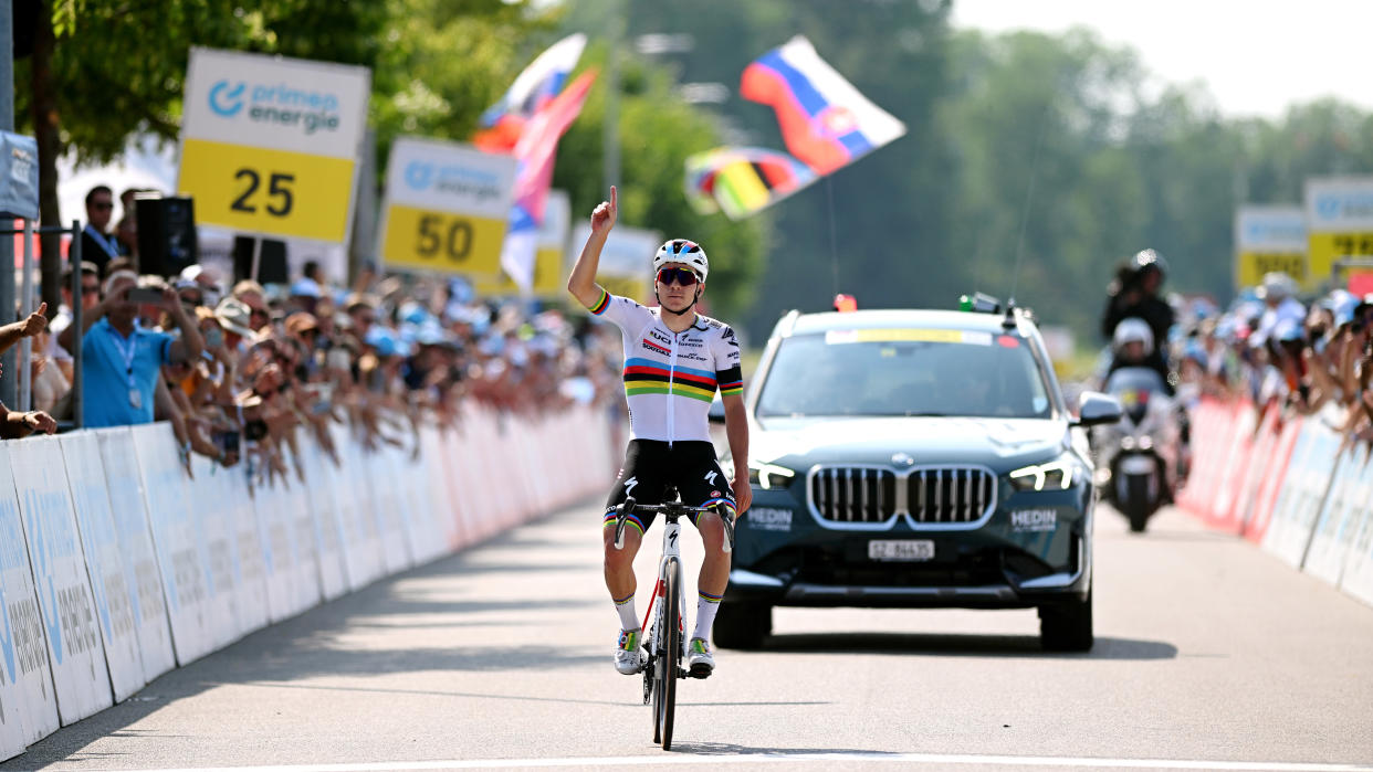  WEINFELDEN, SWITZERLAND - JUNE 17: Remco Evenepoel of Belgium and Team Soudal Quick-Step celebrates at finish line as stage winner during the 86th Tour de Suisse 2023, Stage 7 a 183.5km stage from TÃ¼bach to Weinfelden / #UCIWT / on June 17, 2023 in Weinfelden, Switzerland. (Photo by  Dario Belingheri/Getty Images) 