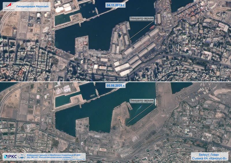A combination of satellite images shows the area before and after a massive explosion in Beirut
