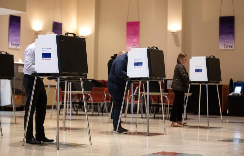 Voters trickled in at Mercer Elementary in Anderson Township for the primary, Tuesday, May 3, 2022. Some workers thought the heavy rain was keeping people away. And the ability to do early voting. 