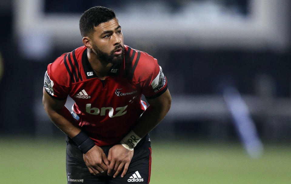 FILE - In this Saturday, Aug. 4, 2018 file photo, Crusaders Richie Mo'unga prepare to kick a penalty goal during the Super Rugby final against the Lions in Christchurch, New Zealand. Flyhalf Richie Mo'unga will start for the first time and scrumhalf Te Toiroa Tahuriorangi could make his New Zealand debut from the bench in the Saturday, Sept. 8, 2018 Rugby Championship game against Argentina in Nelson. (AP Photo/Mark Baker, File)