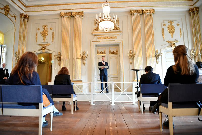Announcement of the 2020 Nobel Prize in literature at Borshuset in Stockholm