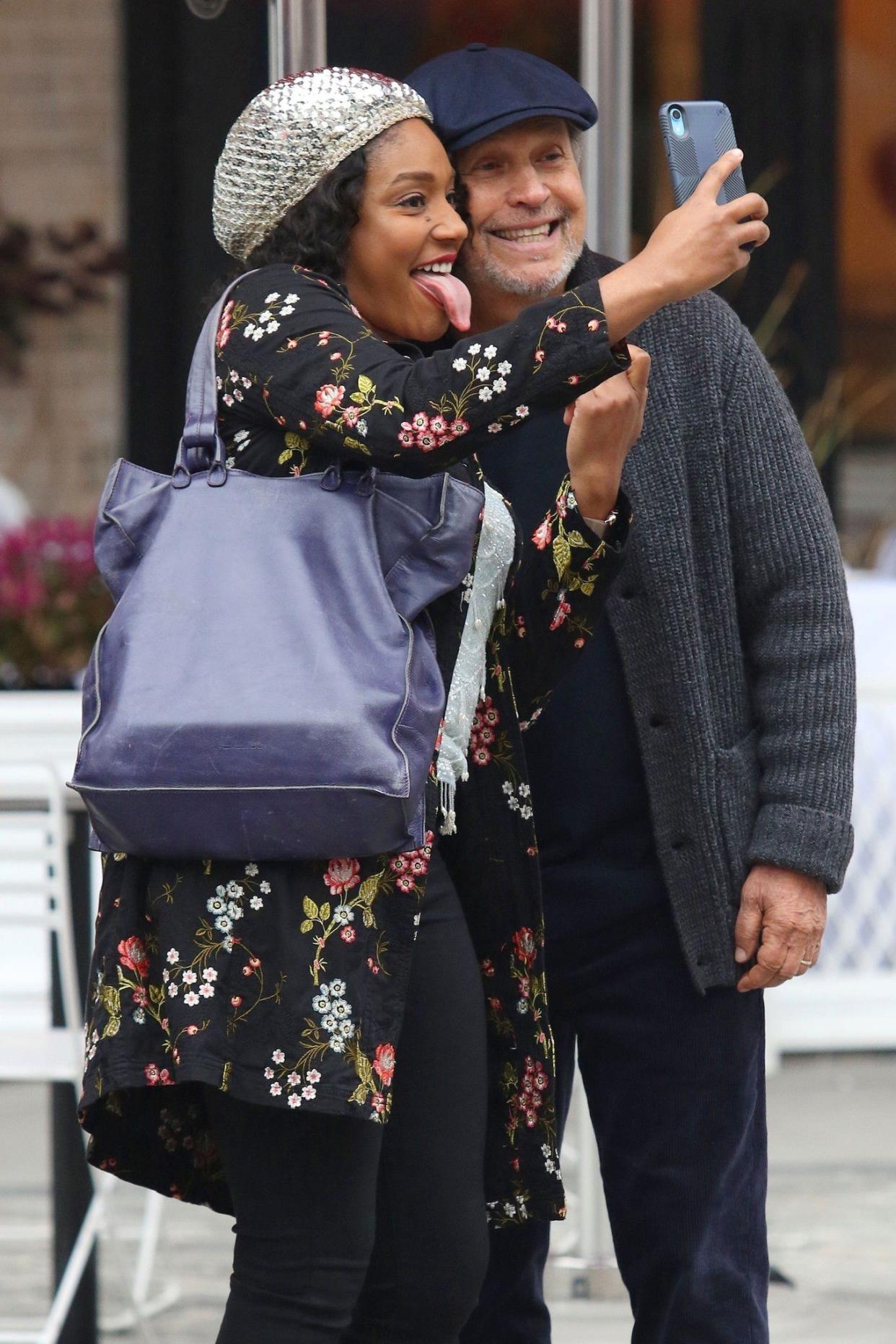 Tiffany Haddish and Billy Crystal goofed around between scenes to take selfies together while filming for "Here Today" in Manhattan on Oct. 22, 2019.