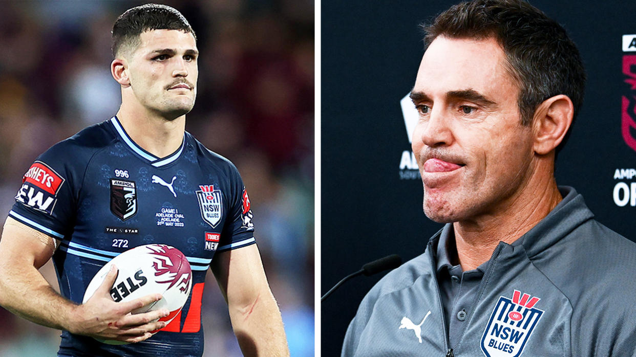 Nathan Cleary holding the ball and Brad Fittler reacting during an interview.