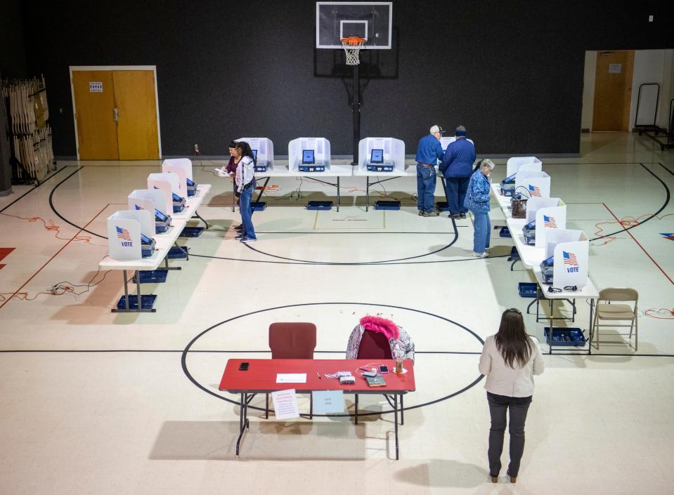 Voters cast their ballots at Memorial Baptist Church during the 2023 Evansville primary election Tuesday, May 2, 2023.