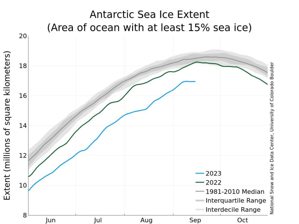 Chart showing the level of sea ice in Antarctica from 1981 to 2023