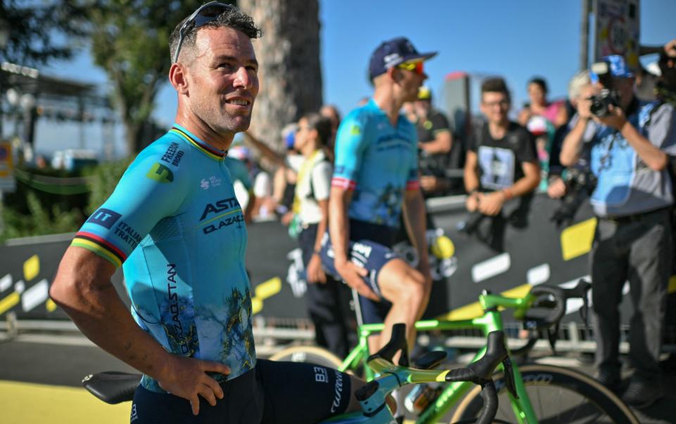 Astana Qazaqstan rider Mark Cavendish looks on during the team presentation for the 111th edition of the Tour de France