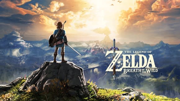 Nintendo's The Legend of Zelda packaging art depicting a character standing on a mountaintop looking toward the horizon.