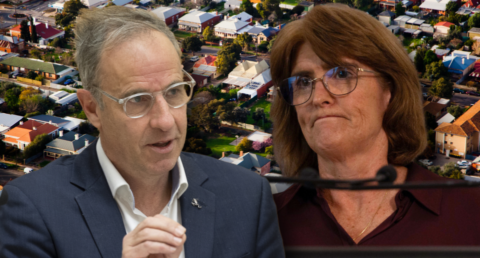 Greens senator Nick McKim next to RBA governor Michele Bullock with Australian homes in the background