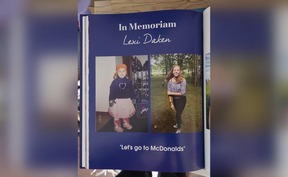 Lexi Daken would have been part of the class of 2023 at Leo Hayes High School in Fredericton. She died by suicide in 2021 at the age of 16. The 2023 yearbook from Leo Hayes included a full page to remember her. 