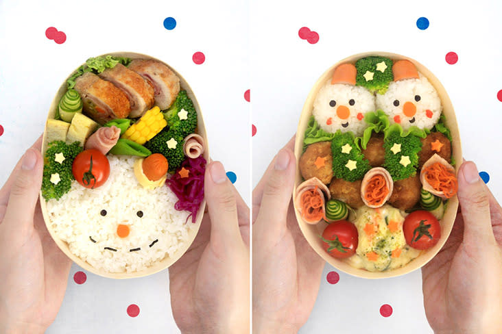 Choose between a Snowman Chicken Roll Bento (left) or a Little Snowman Tsukune Bento (right).