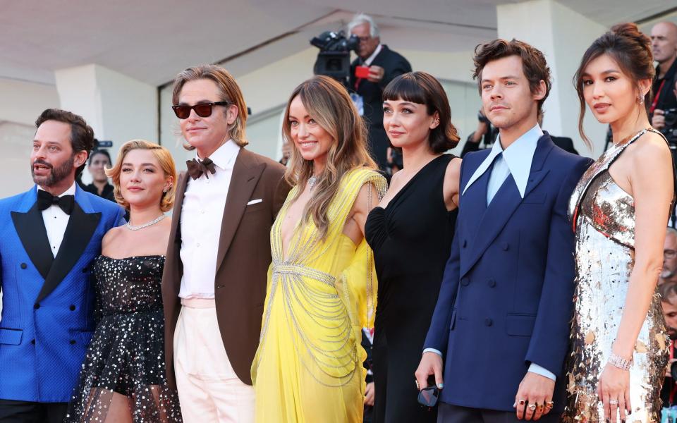 Nick Kroll, Florence Pugh, Chris Pine, Olivia Wilde, Sydney Chandler, Harry Styles and Gemma Chan attend the Don't Worry Darling red carpet at the Venice International Film Festival - WireImage