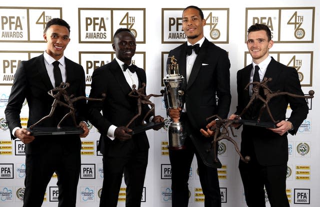 Liverpool’s Trent Alexander-Arnold (left), Sadio Mane, Virgil van Dijk, and Andrew Robertson