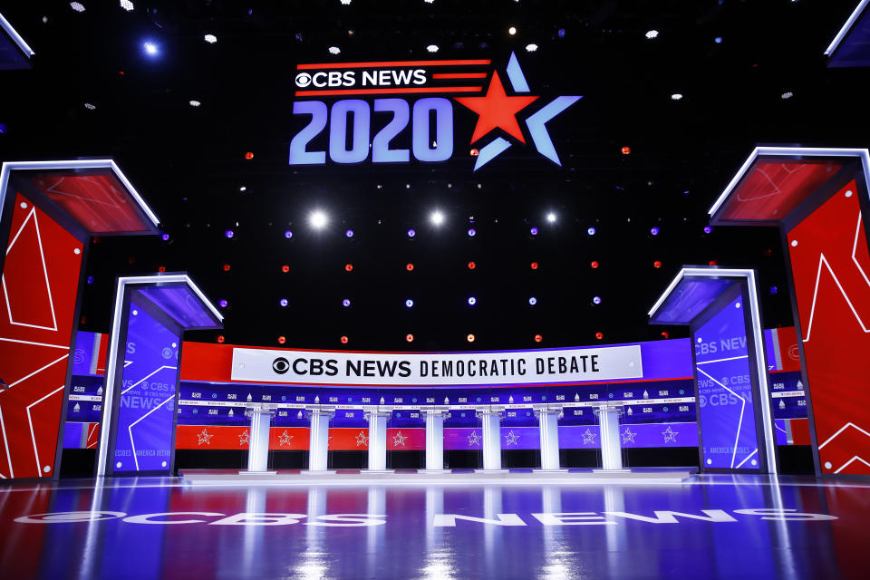 The stage is set for a Democratic presidential primary debate, Tuesday, Feb. 25, 2020, in Charleston, S.C. (AP Photo/Matt Rourke)