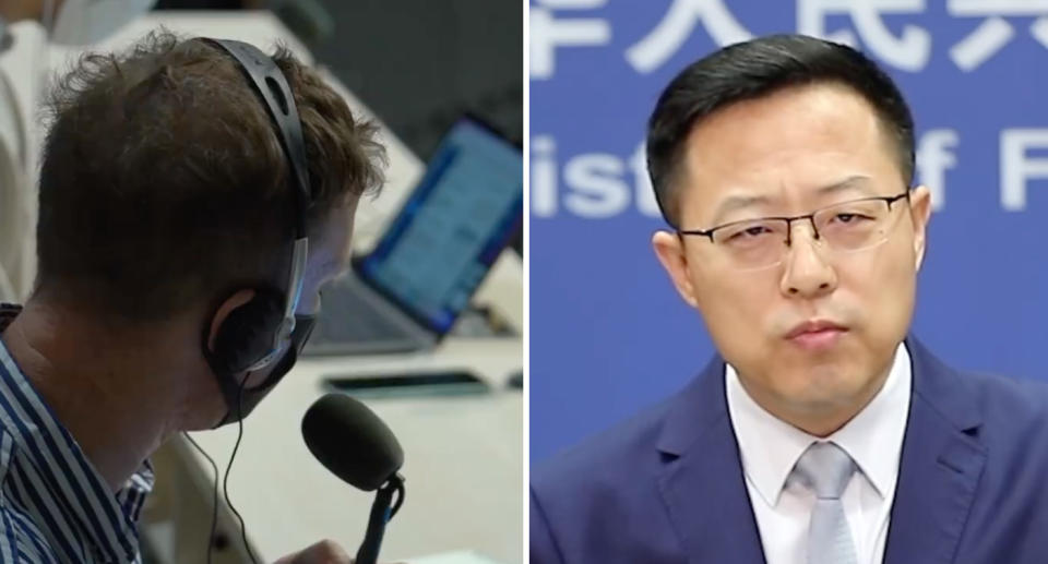 Zhao Lijian, pictured right, was not impressed with the language used by the Reuters journalist, pictured left. Source: Weibo