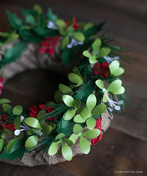19) Metallic Paper Holly and Mistletoe Wreath